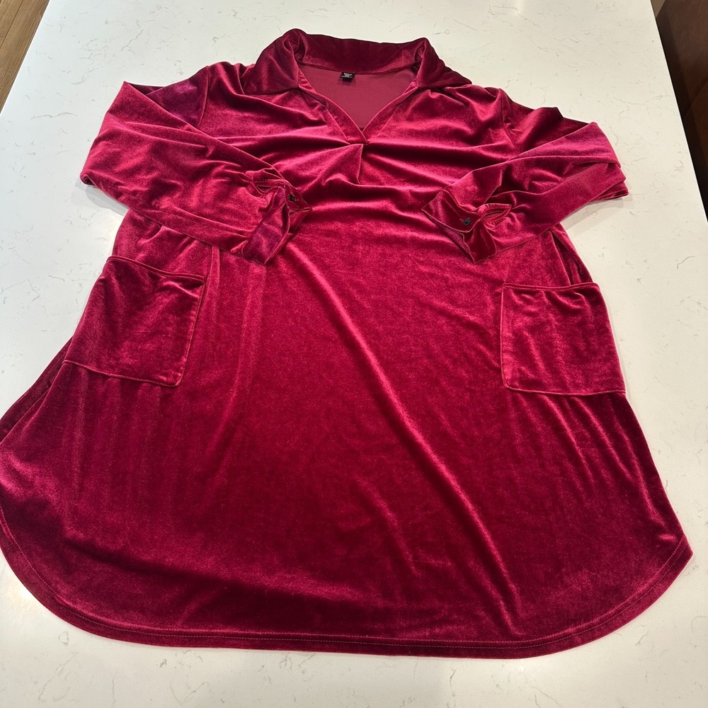 SHEIN Curve Velvet Shirt Dress Burgundy Red Plus Size 2XL Long Sleeve Pockets
